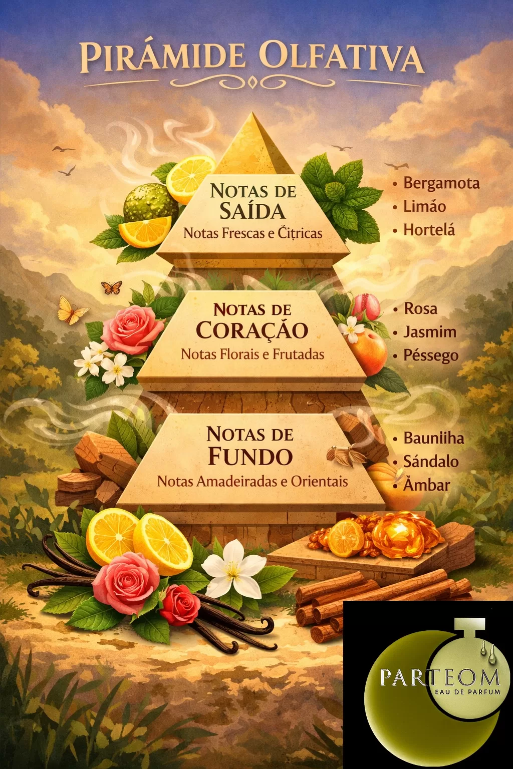 Infográfico completo da pirâmide olfativa mostrando notas de topo, coração e base.